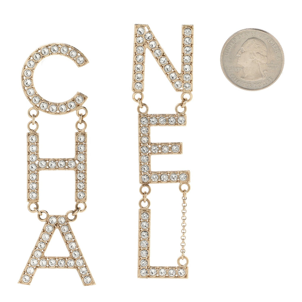 Crystal Cha-Nel Logo Drop Earrings Gold