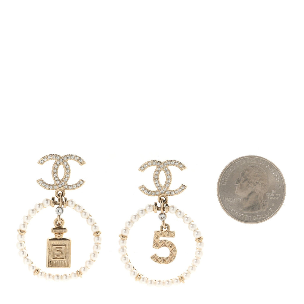 Crystal Pearl Chanel Charms CC Drop Earrings Gold
