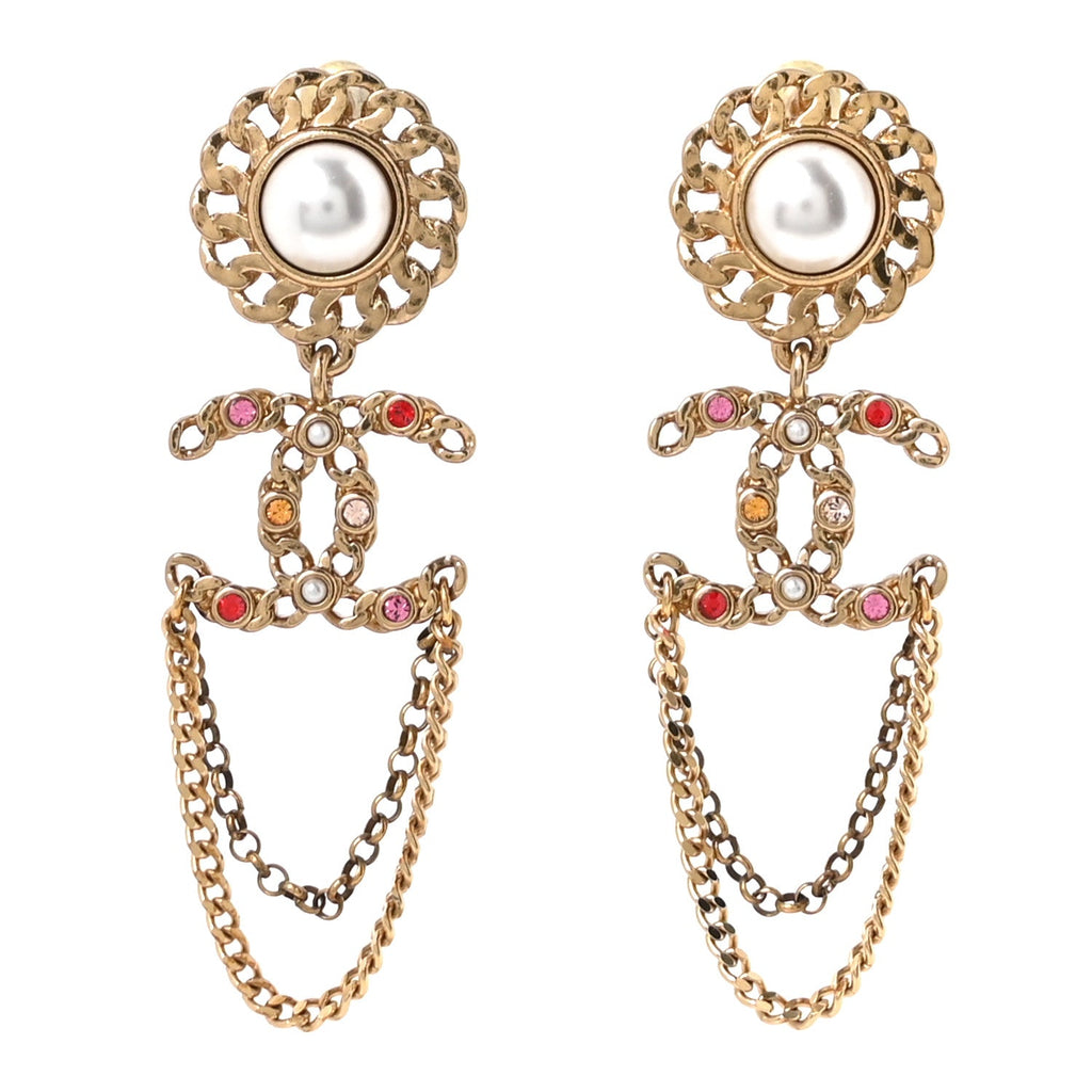 Pearl Crystal Chain Link CC Drop Earrings Gold Red Pink Yellow