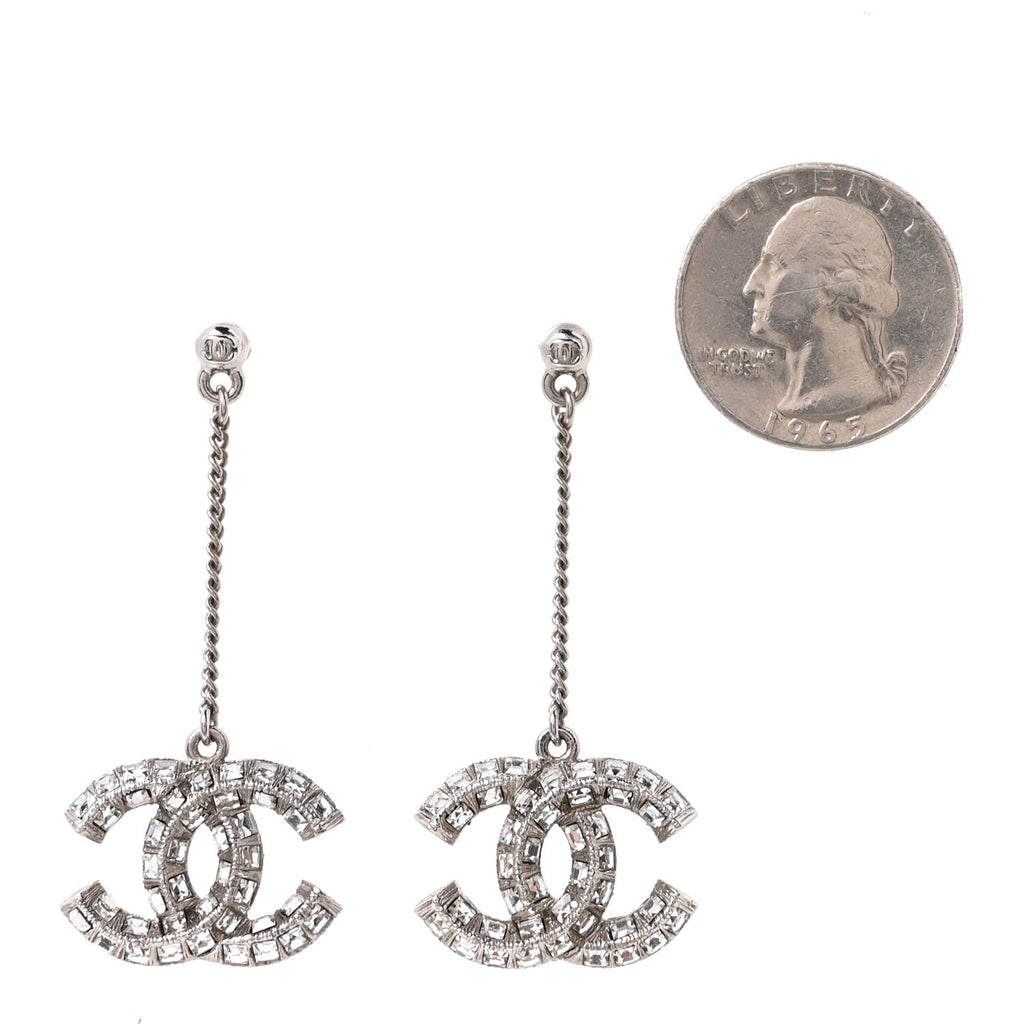 Baguette Crystal CC Drop Earrings Silver