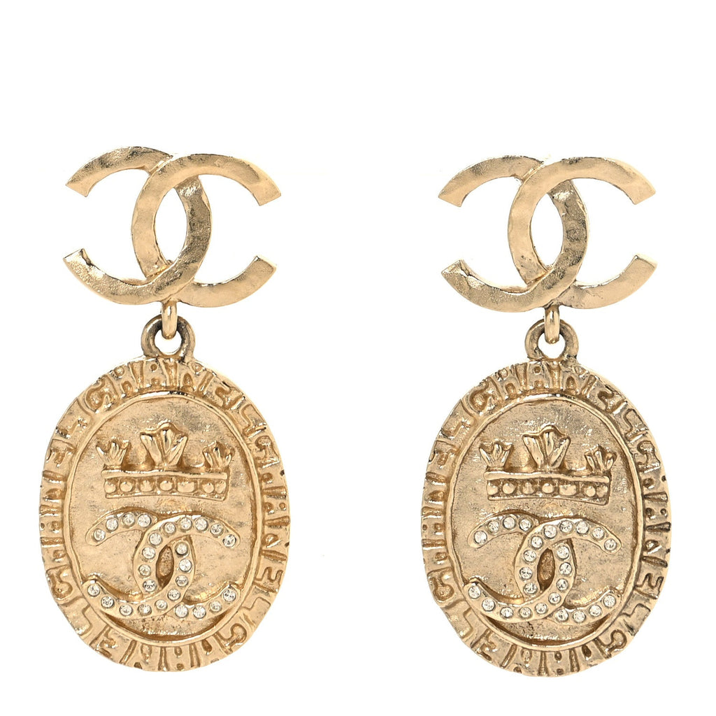 Crystal CC Medallion Drop Earrings Gold