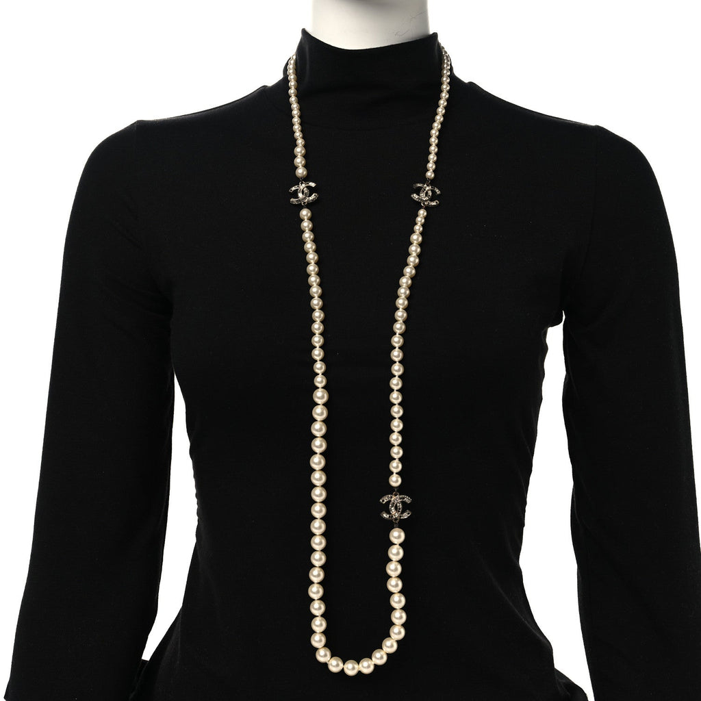 Graduated Pearl Crystal CC Long Necklace Gold Black