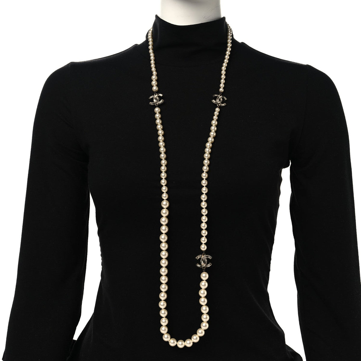Graduated Pearl Crystal CC Long Necklace Gold Black
