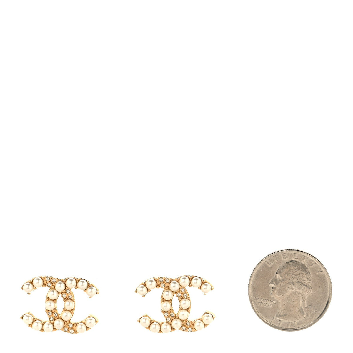 Metal Crystal Pearl CC Earrings Gold