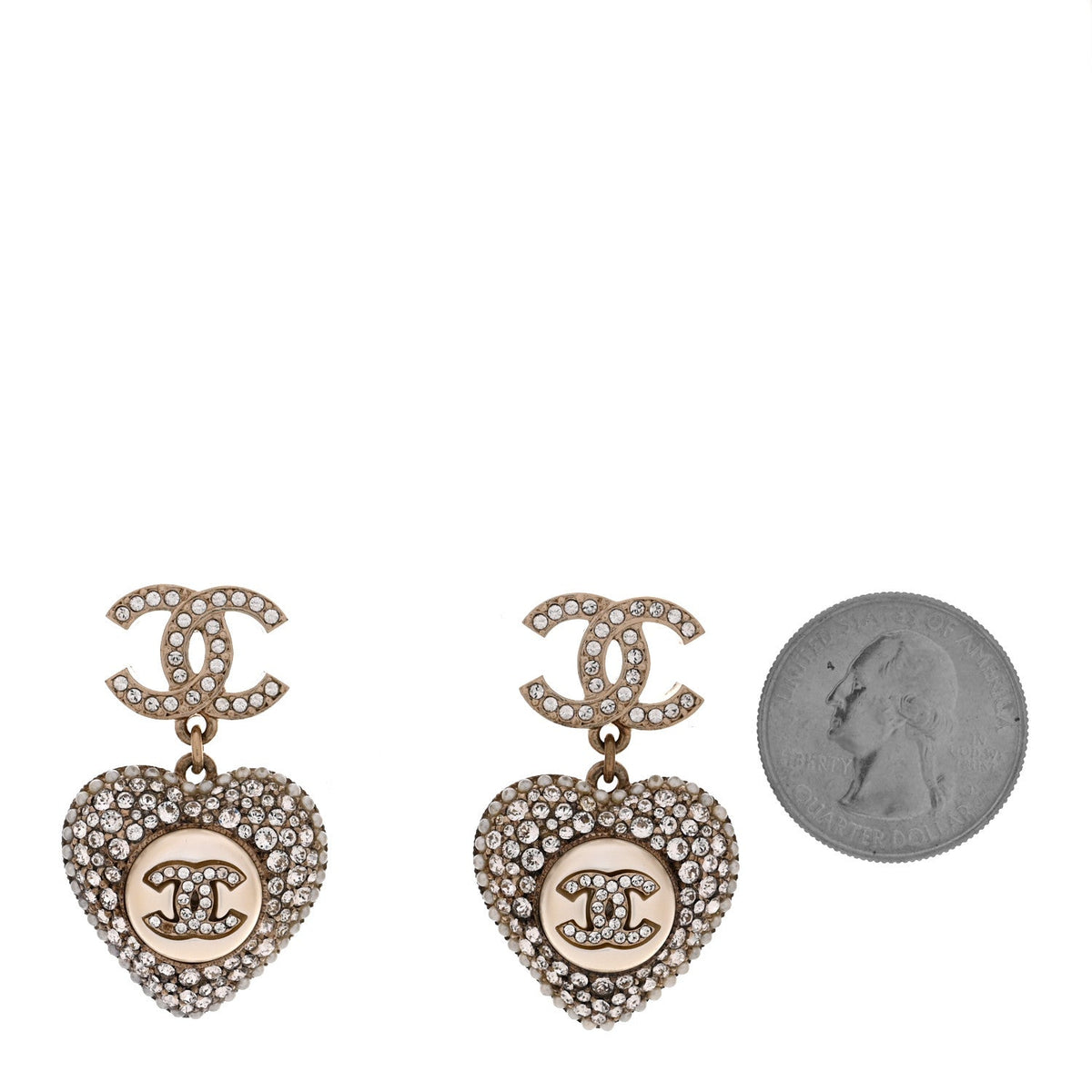 Pearl Crystal CC Heart Drop Earrings Gold White