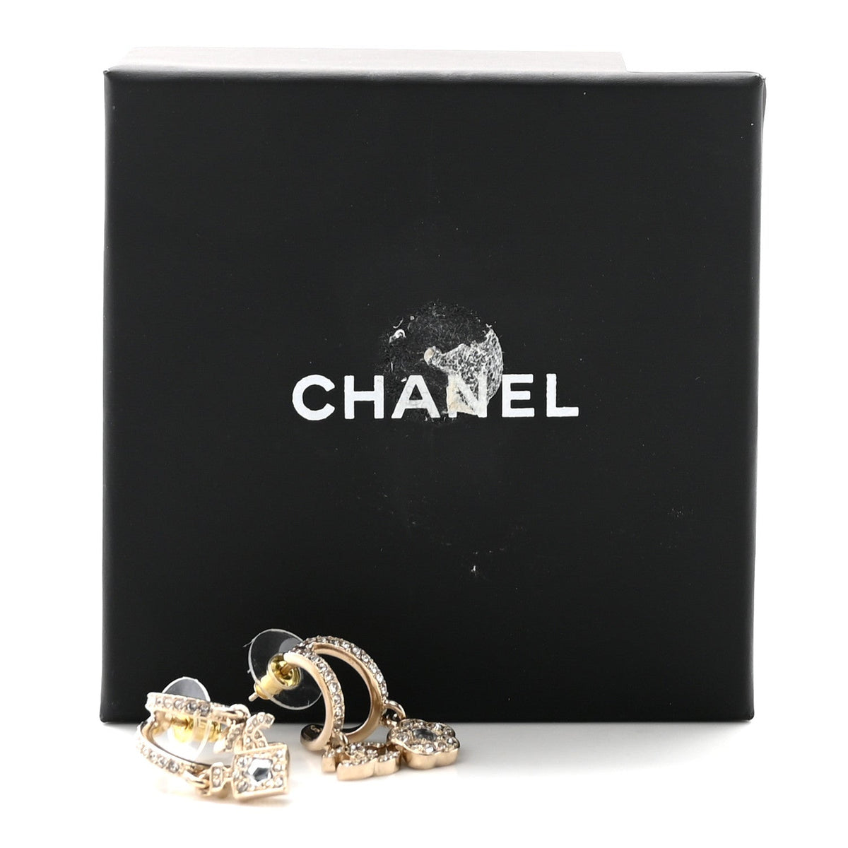 Crystal CC Camellia Perfume Bottle Double Hoop Earrings Gold