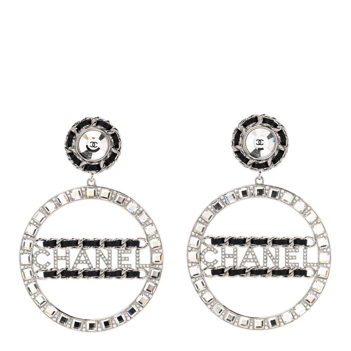 Crystal Lambskin Chain CC Hoop Clip On Earrings Black Silver