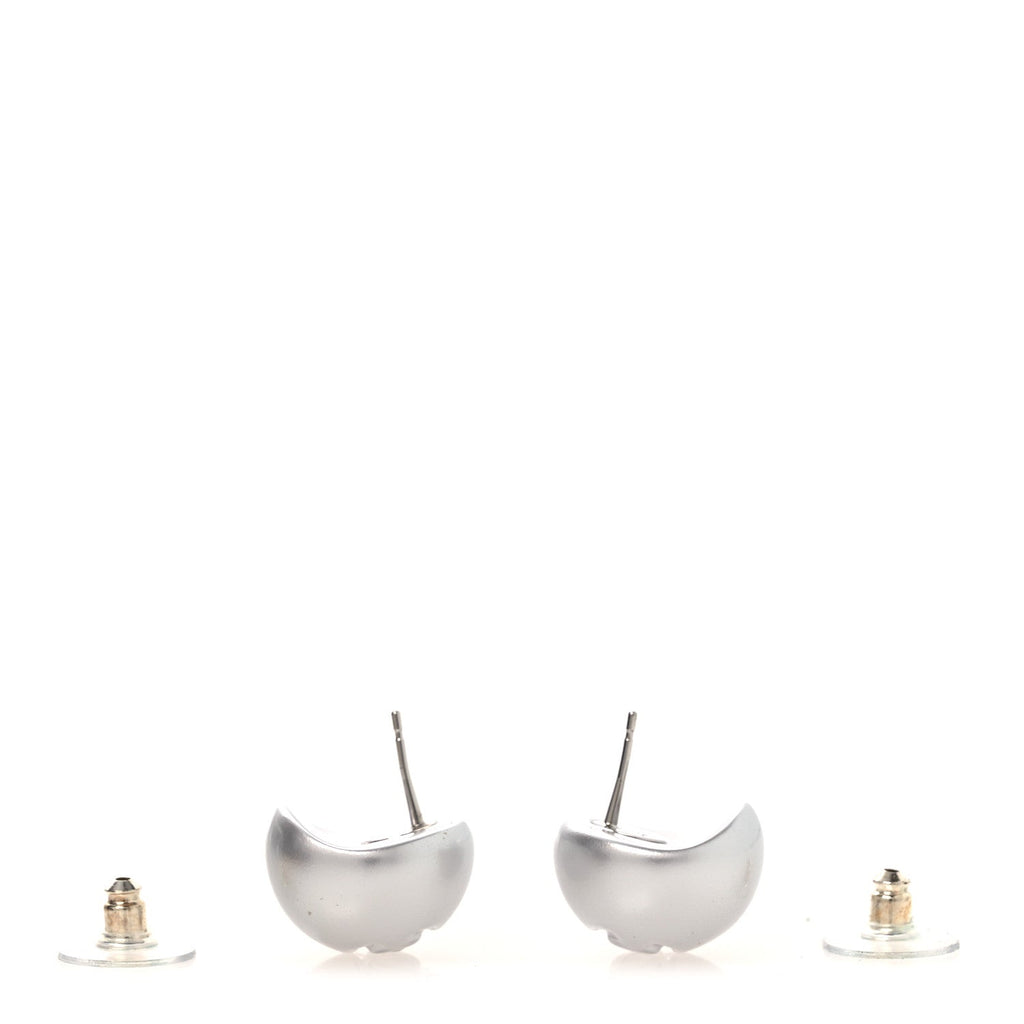 Resin Metal CC Stud Earrings Silver Pearly White