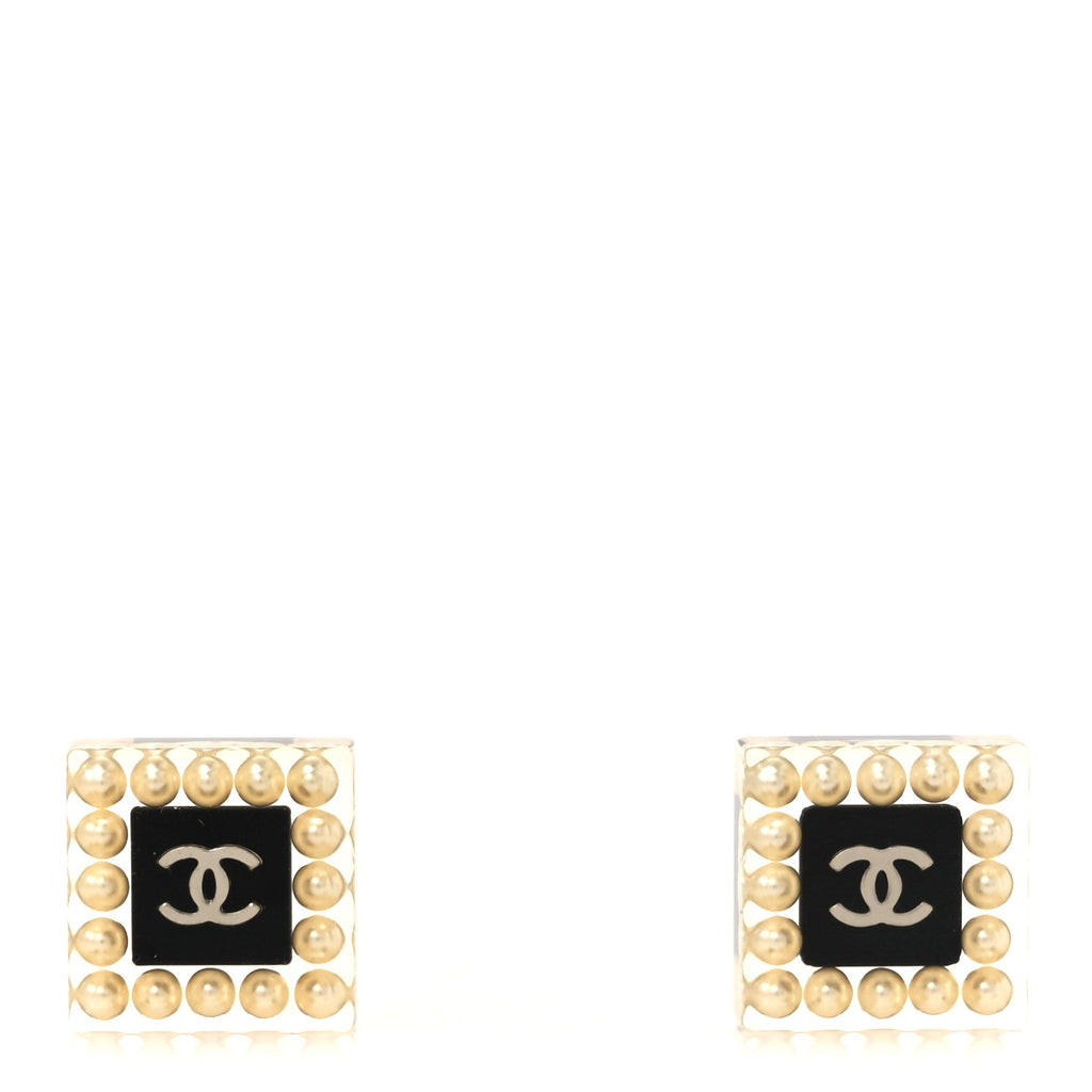 Pearl Resin Square CC Earrings Black Transparent