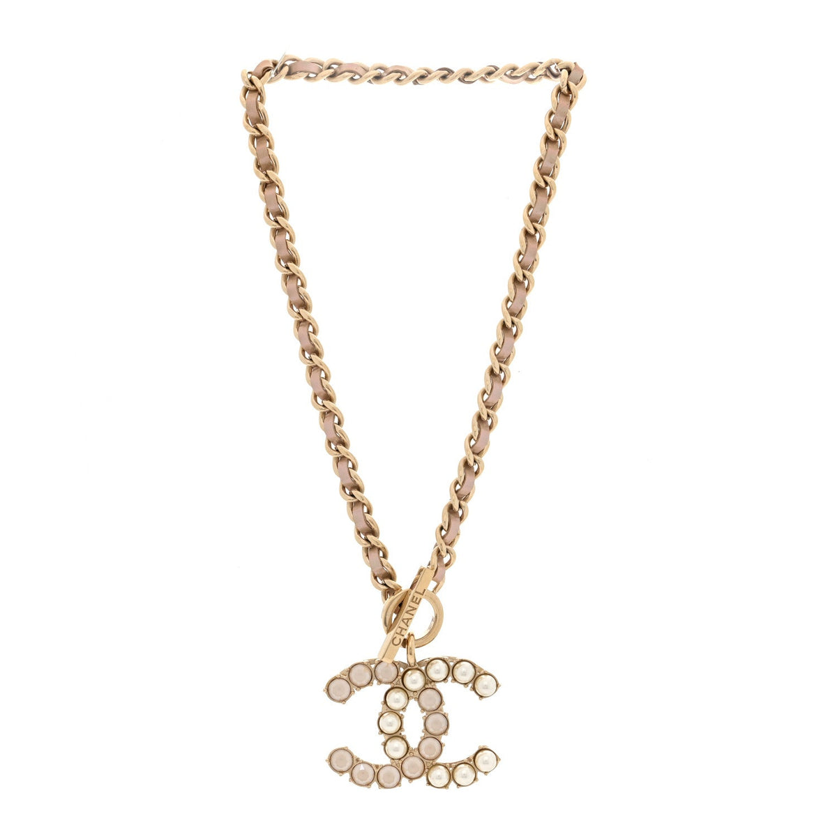 Pearl Crystal Lambskin Chain CC Dazzling Domino Necklace White Gold Pink