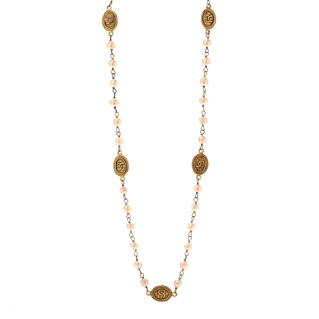 Pearl Medallion Long Necklace Gold