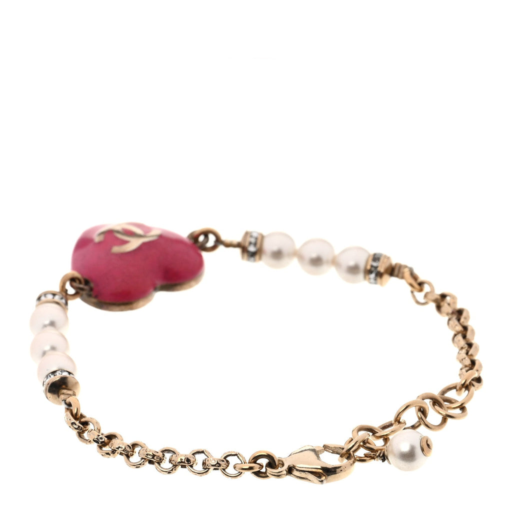 Resin Crystal Pearl Chain Heart CC Bracelet Pink White Gold