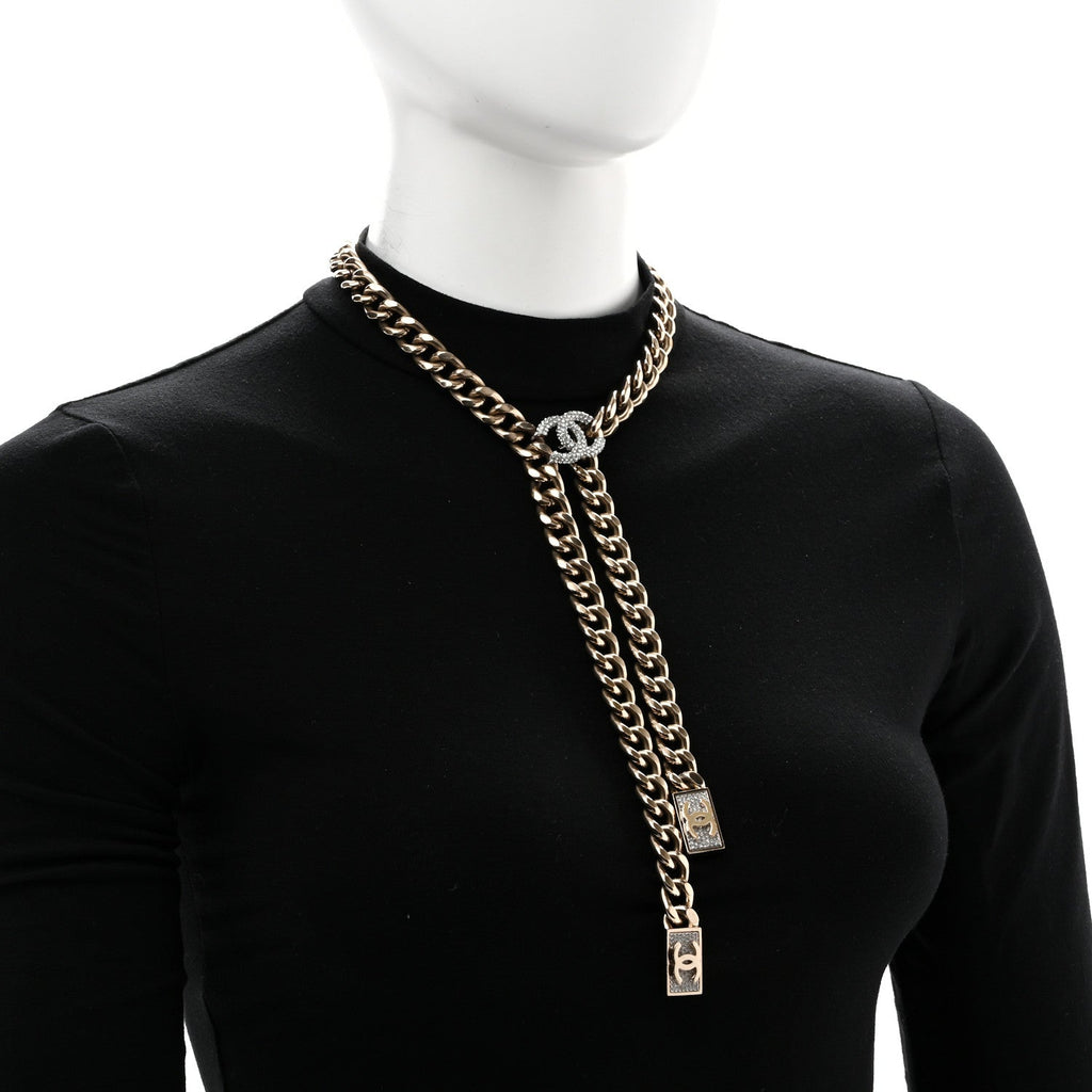 Chain Link Crystal CC Dog Tag Charm Necklace Gold