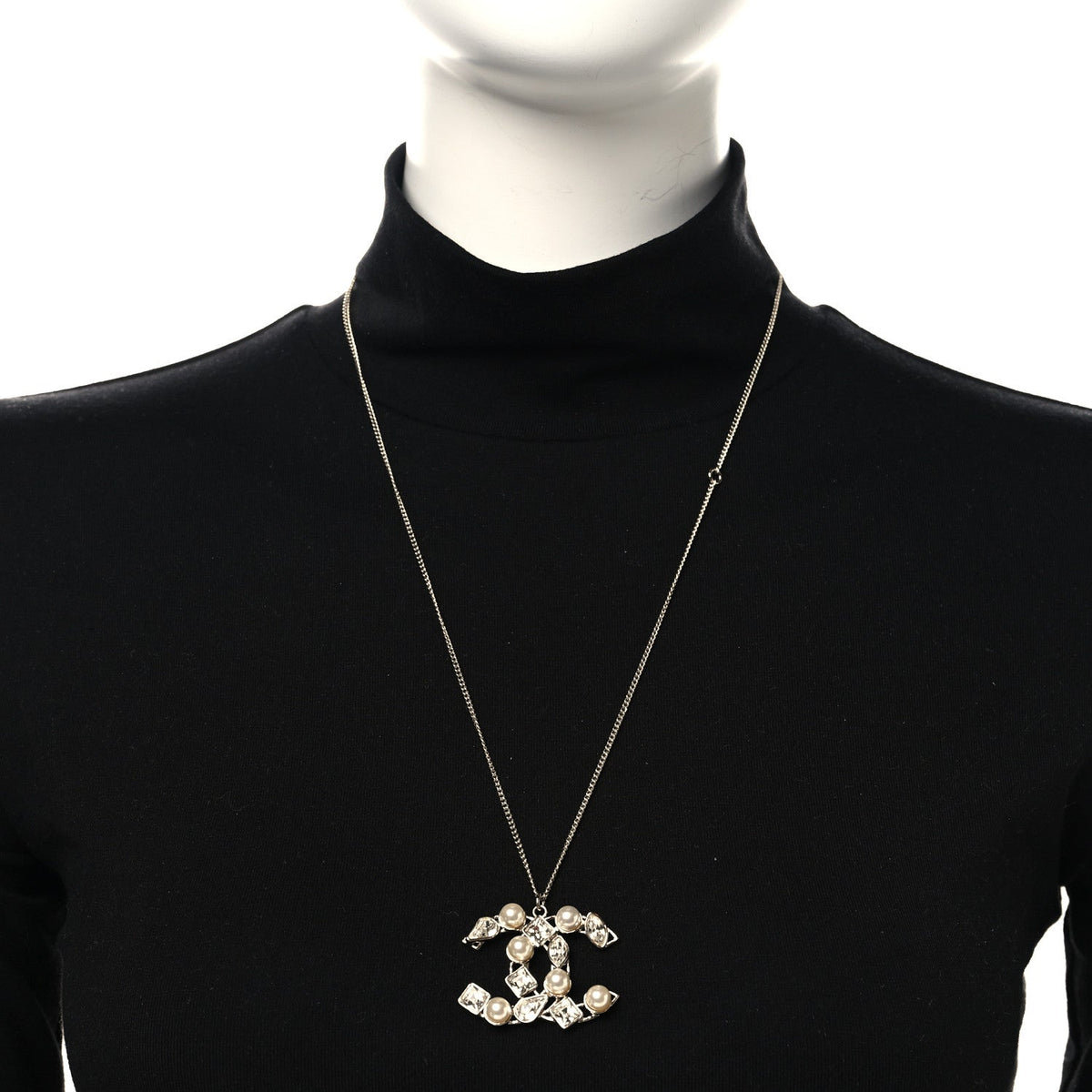 Crystal Pearl CC Pendant Necklace Gold