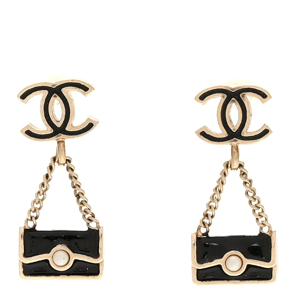 Enamel Pearl CC Flap Bag Drop Earrings Black Gold
