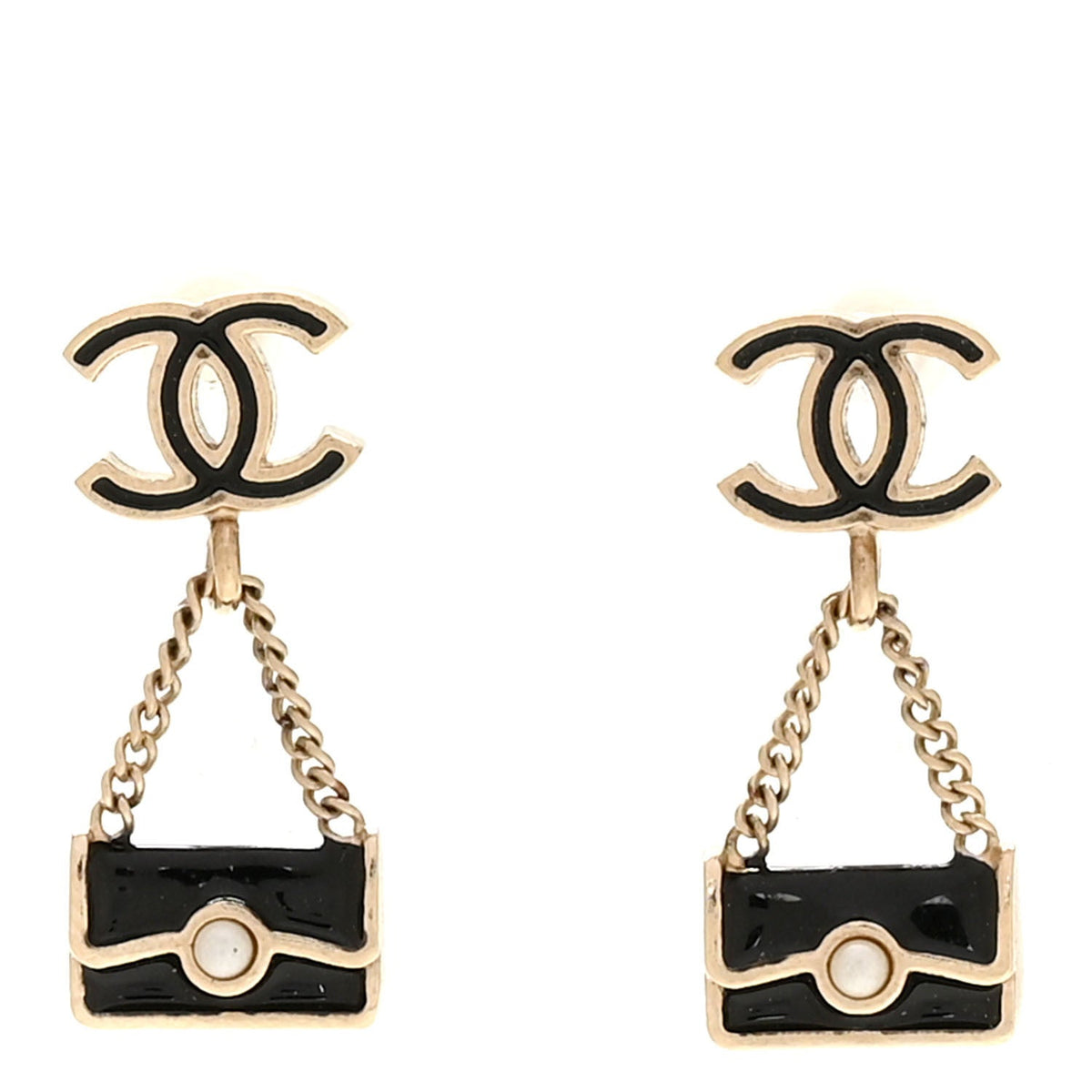 Enamel Pearl CC Flap Bag Drop Earrings Black Gold