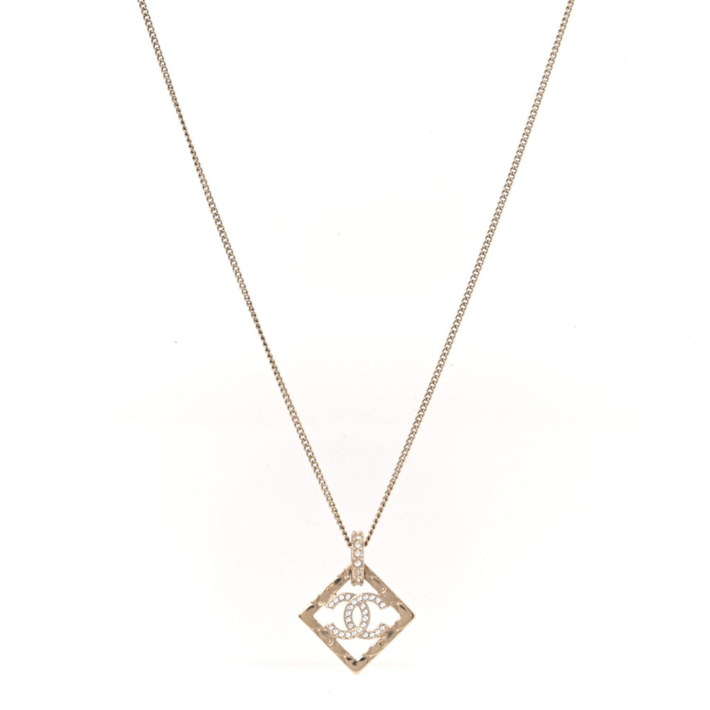 Baguette Crystal Quilted CC Pendant Necklace Gold
