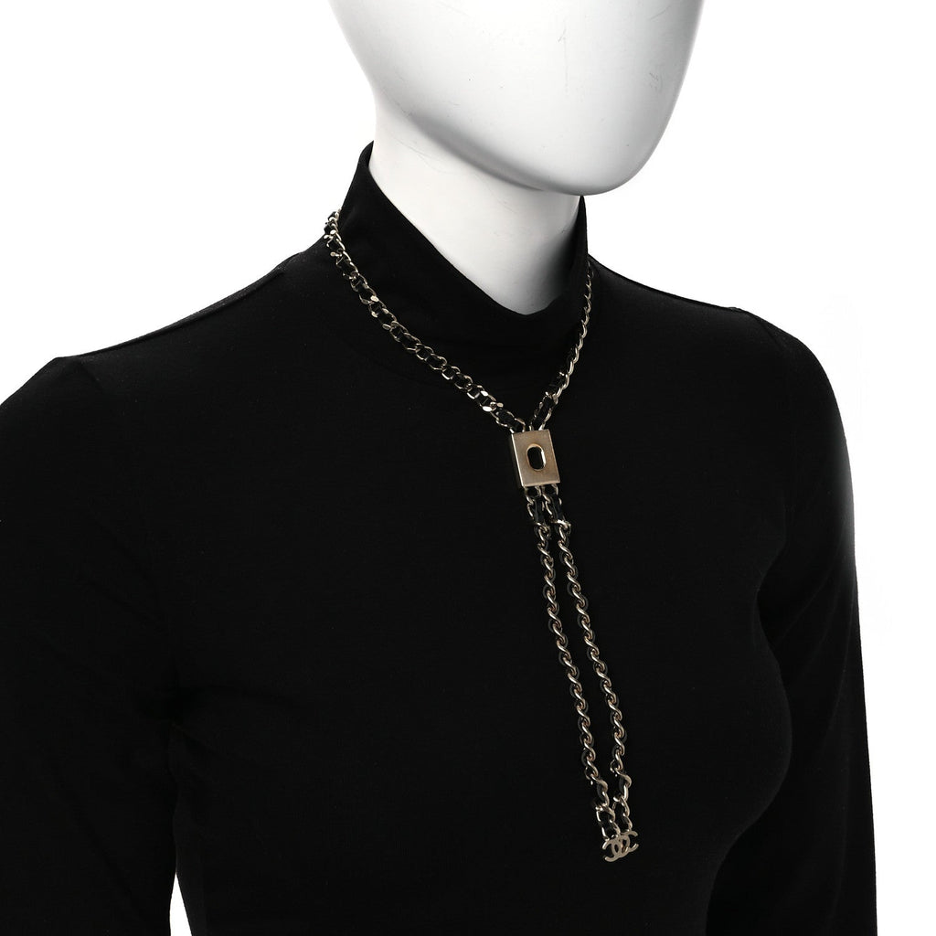 Metal Lambskin CC Lariat Necklace Black Gold