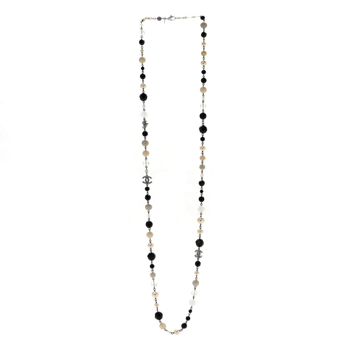 Pearl Crystal Bead CC Long Necklace Black Silver
