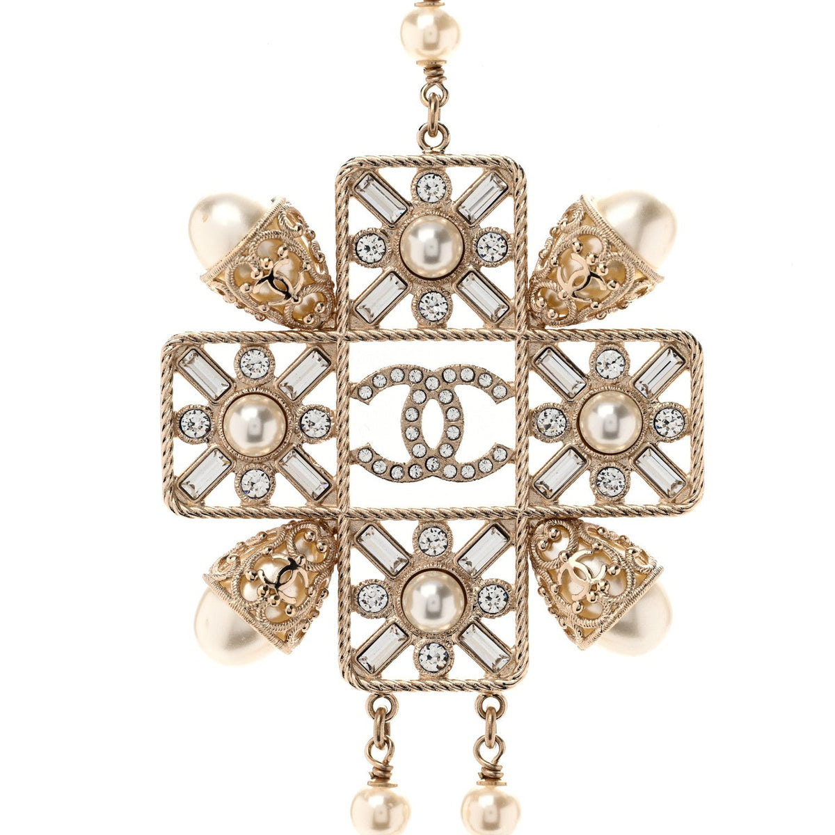 Pearl Crystal CC Long Necklace Gold