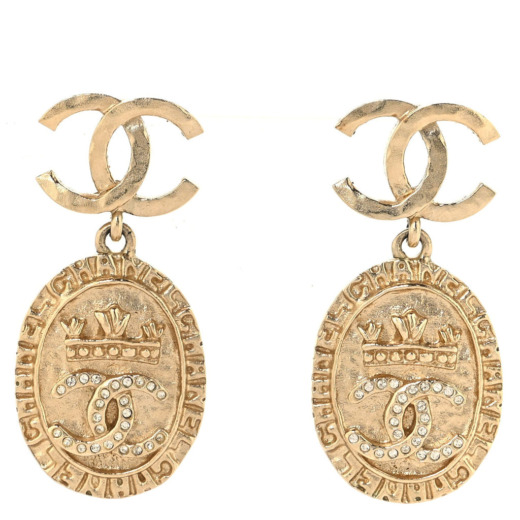 Crystal CC Medallion Drop Earrings Gold