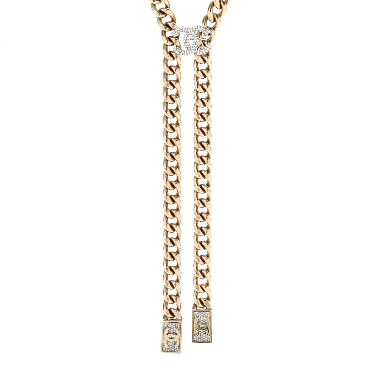 Chain Link Crystal CC Dog Tag Charm Necklace Gold