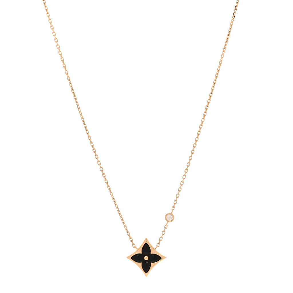 18K Yellow Gold Diamond Black Onyx Color Blossom BB Star Pendant Necklace
