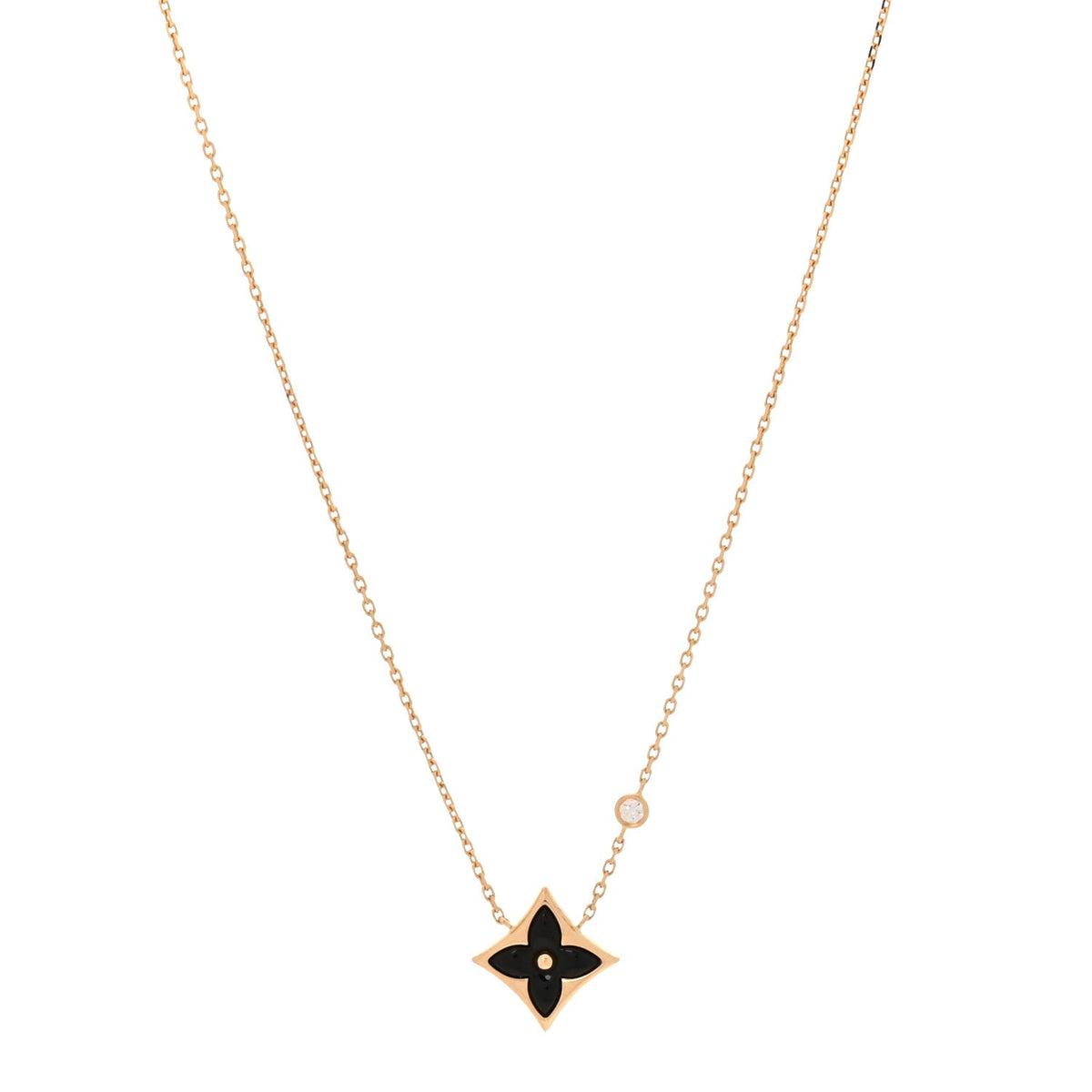 18K Yellow Gold Diamond Black Onyx Color Blossom BB Star Pendant Necklace