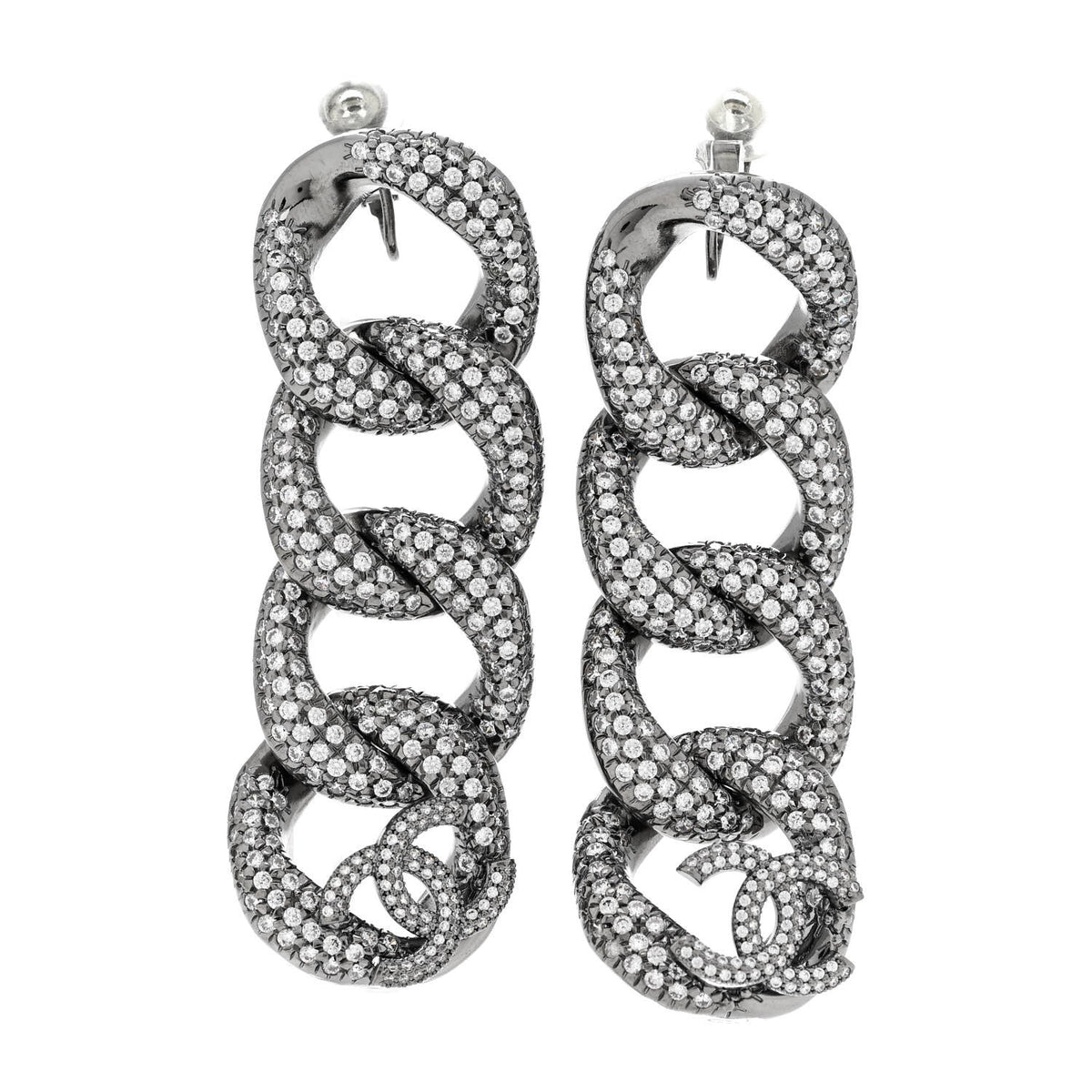 Crystal Chain Link CC Drop Clip On Earrings Black