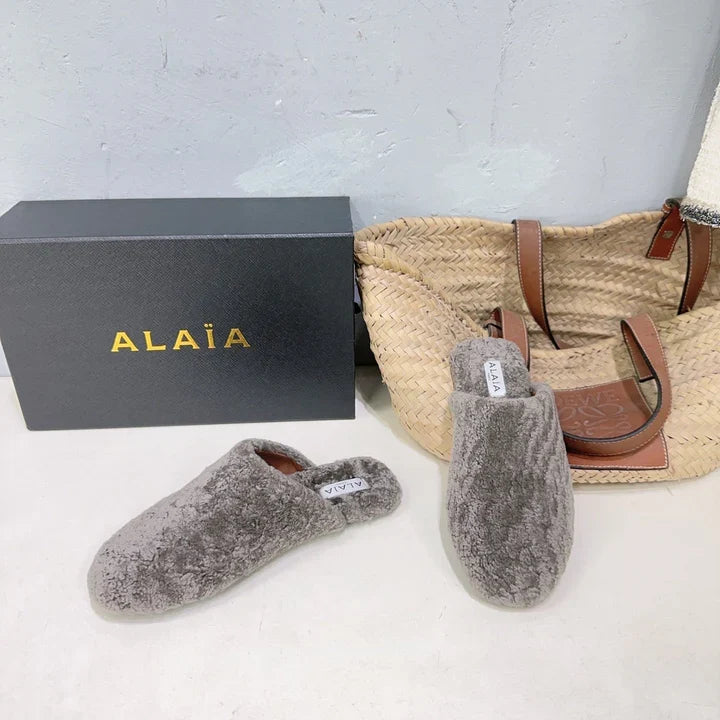 ALAIA 25 Fur Mule Slipper Grey in Lambswool 629515