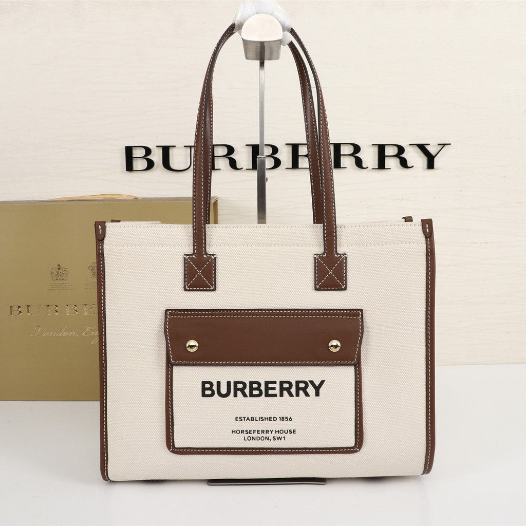 Burberry Freya Tote Bag 33cm Ivory Brown in Cowhide