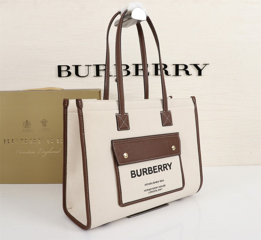 Burberry Freya Tote Bag 33cm Ivory Brown in Cowhide