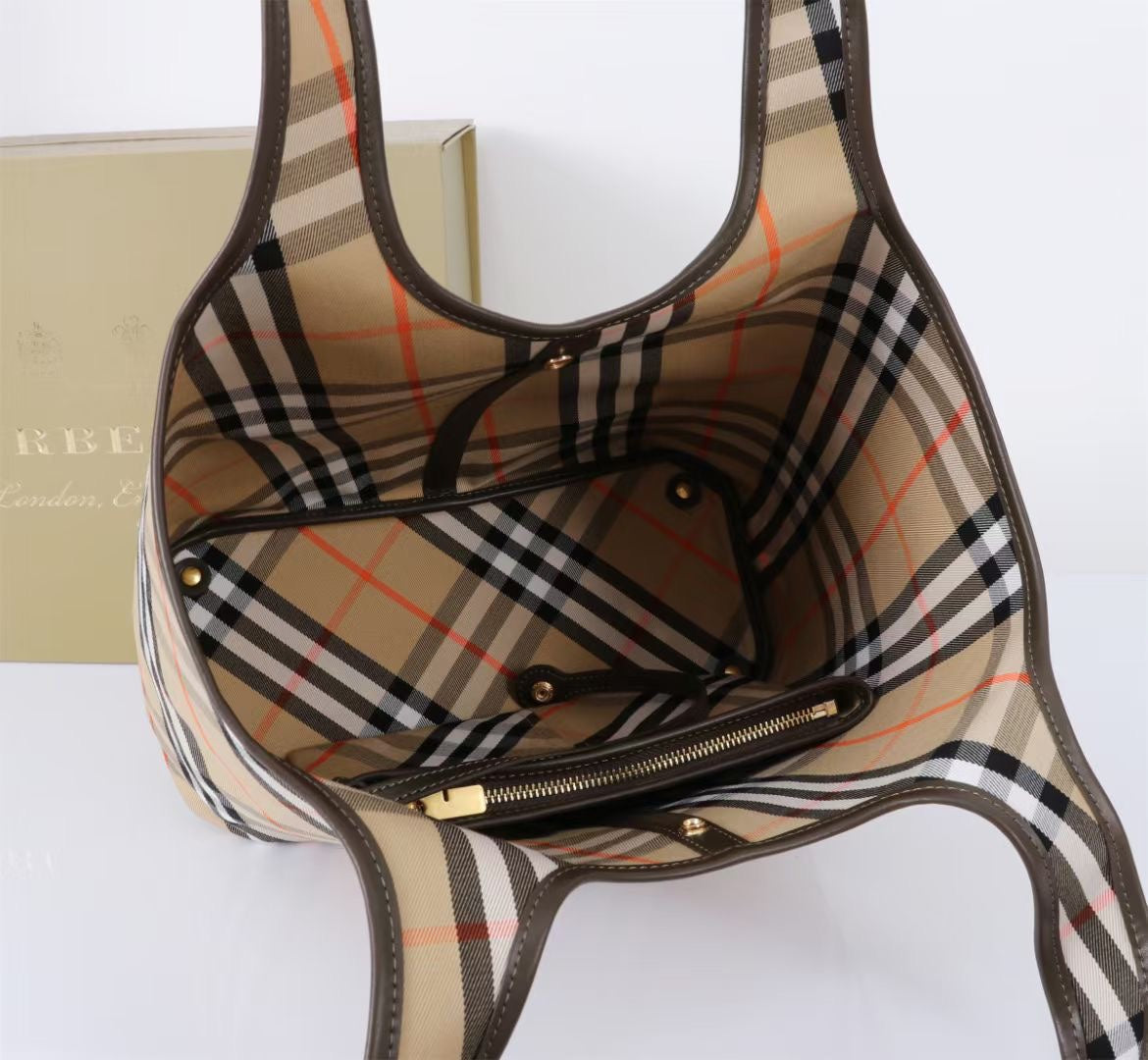 Burberry Large Check Tote Bag 41cm Beige Brown in Calfskin
