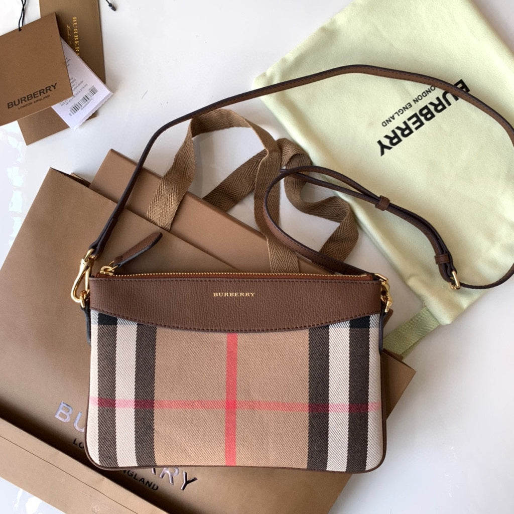 Burberry House Check Derby Peyton Crossbody 26 Beige Brown in Cotton Fabric
