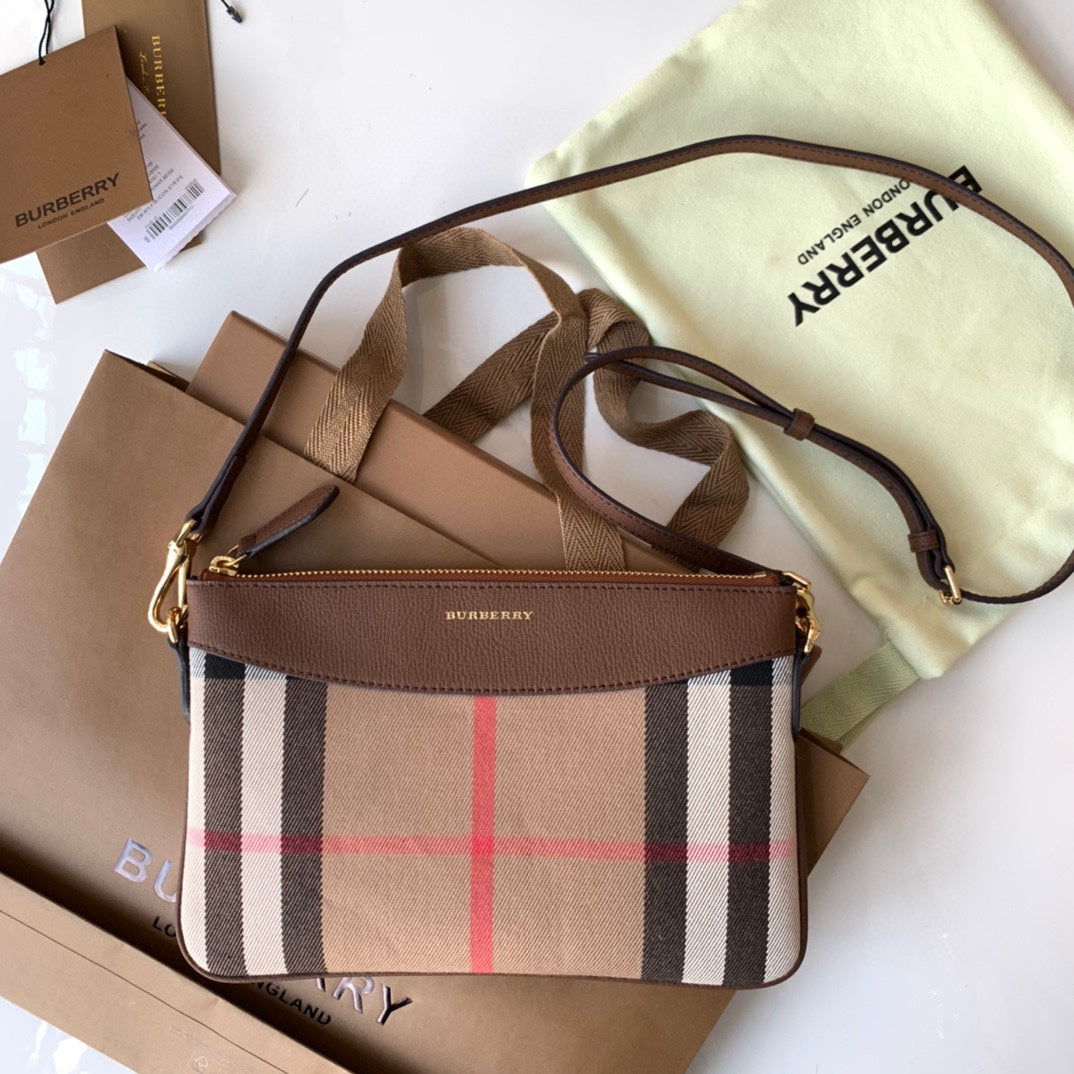 Burberry House Check Derby Peyton Crossbody 26 Beige Brown in Cotton Fabric