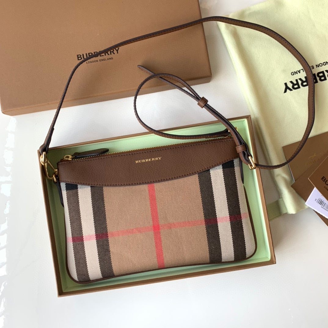Burberry House Check Derby Peyton Crossbody 26 Beige Brown in Cotton Fabric