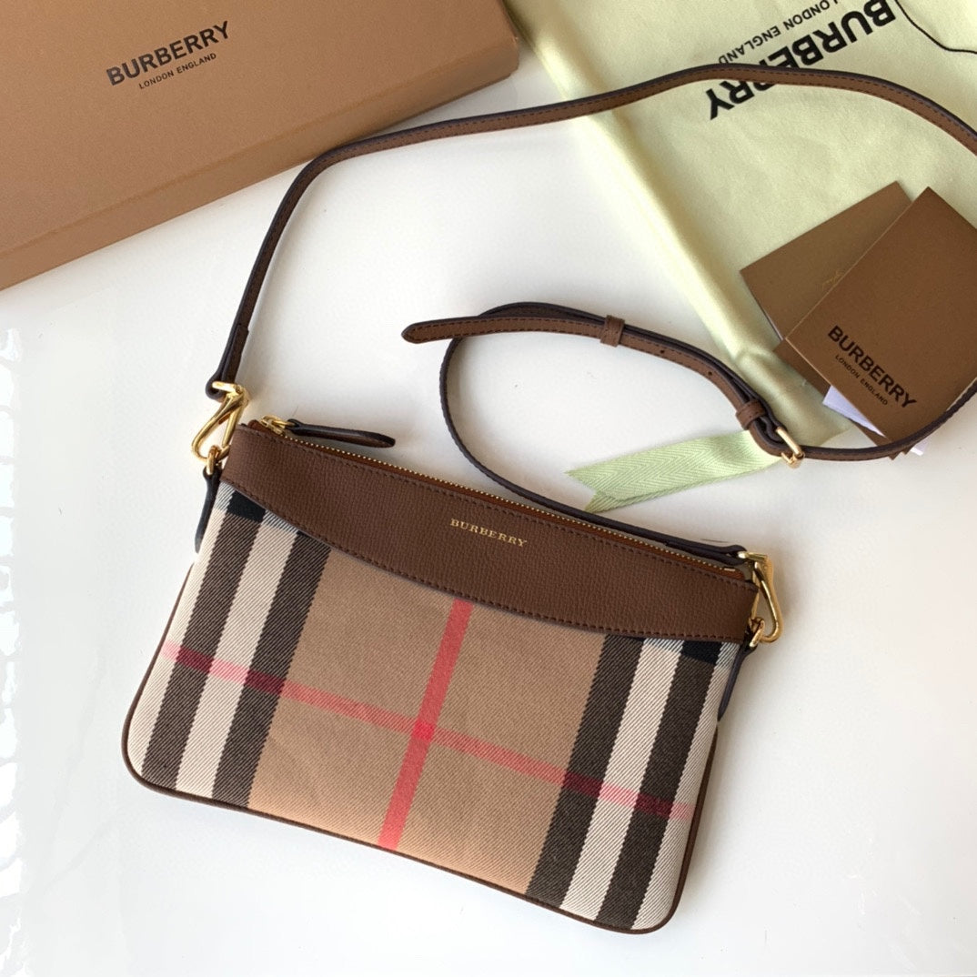 Burberry House Check Derby Peyton Crossbody 26 Beige Brown in Cotton Fabric