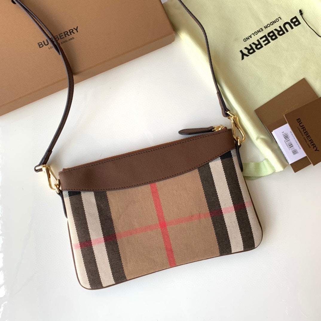 Burberry House Check Derby Peyton Crossbody 26 Beige Brown in Cotton Fabric