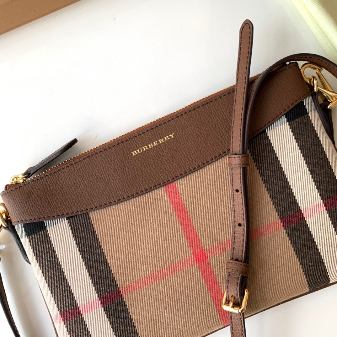 Burberry House Check Derby Peyton Crossbody 26 Beige Brown in Cotton Fabric