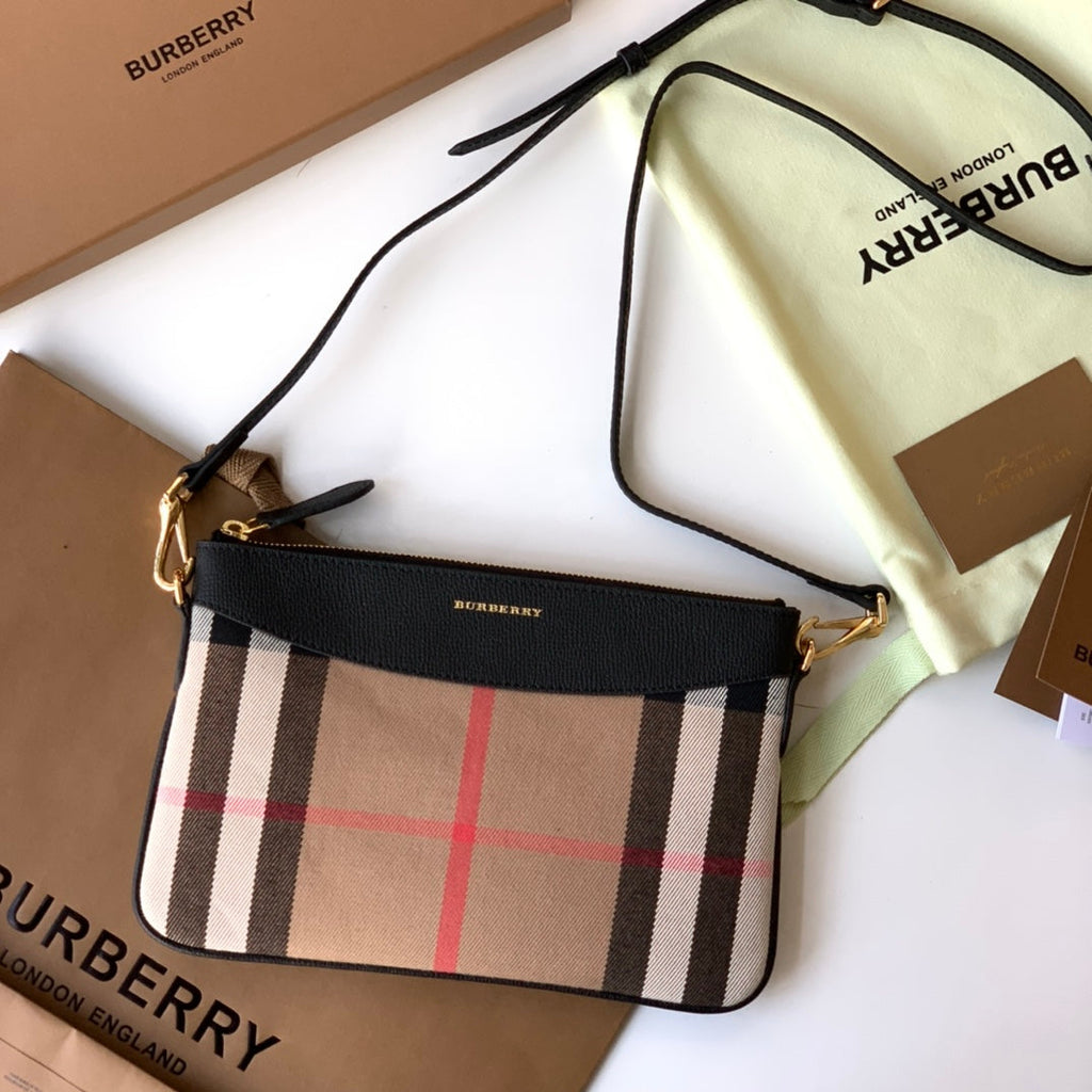 Burberry House Check Derby Peyton Crossbody 26 Beige Black in Cotton Fabric