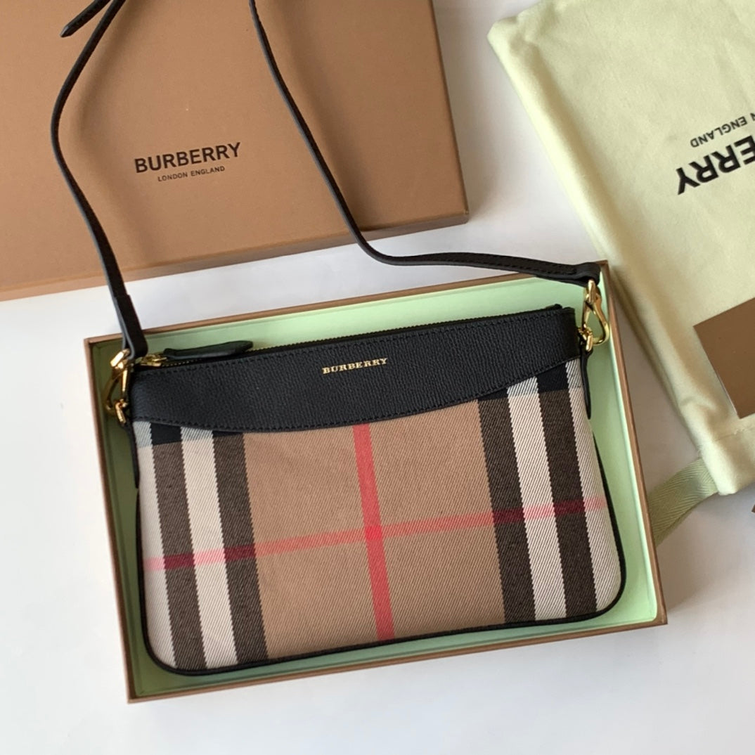 Burberry House Check Derby Peyton Crossbody 26 Beige Black in Cotton Fabric