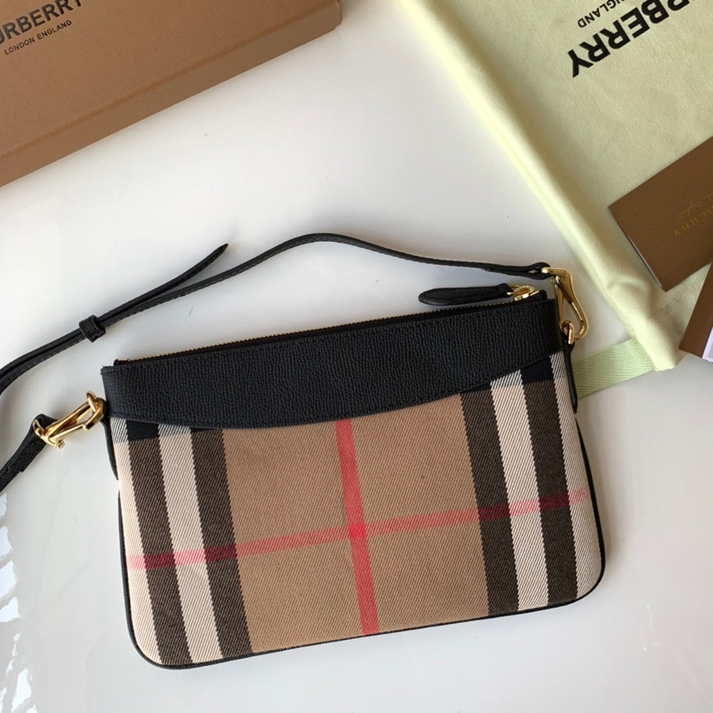 Burberry House Check Derby Peyton Crossbody 26 Beige Black in Cotton Fabric