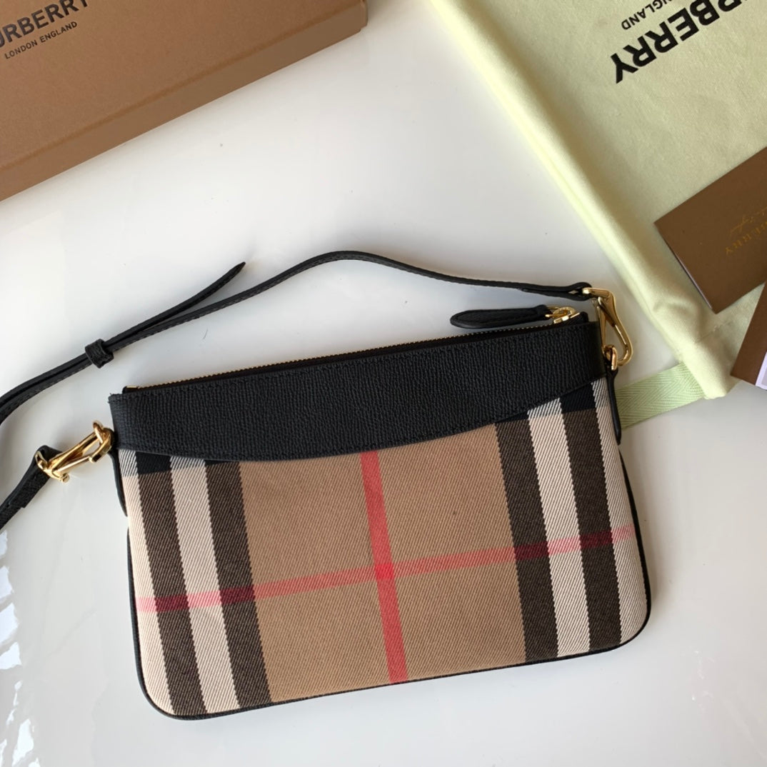 Burberry House Check Derby Peyton Crossbody 26 Beige Black in Cotton Fabric