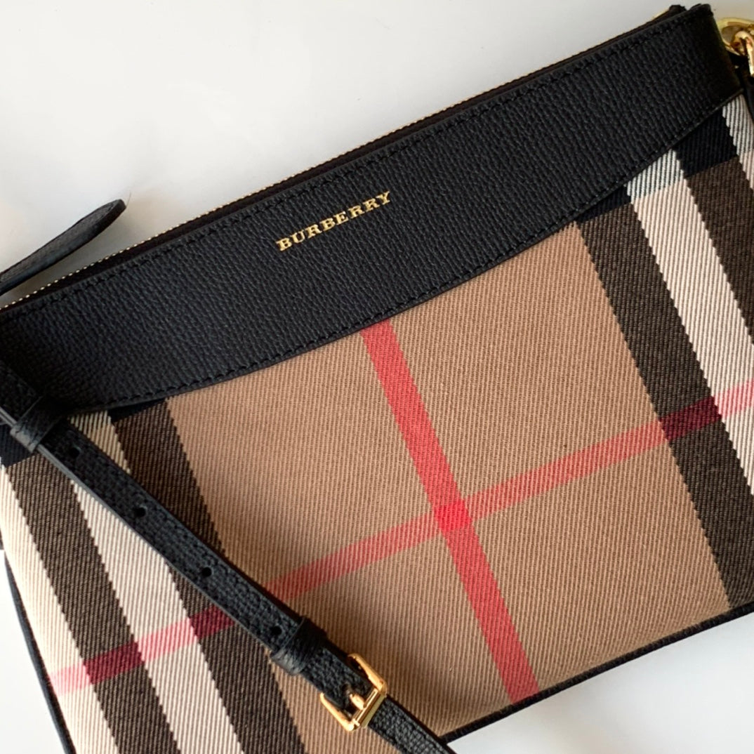 Burberry House Check Derby Peyton Crossbody 26 Beige Black in Cotton Fabric