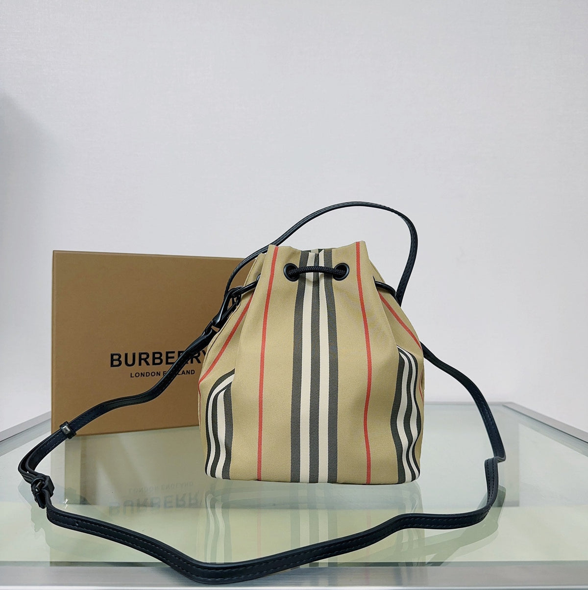Burberry Phoebe Icon Stripe Bucket Bag 22cm Beige in Nylon