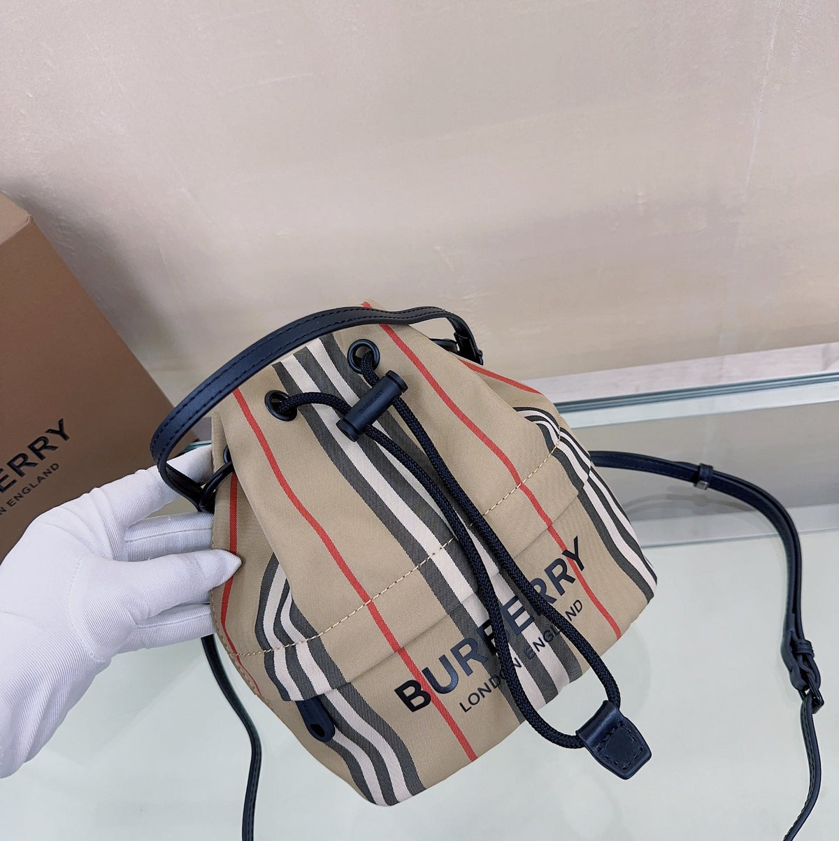 Burberry Phoebe Icon Stripe Bucket Bag 22cm Beige in Nylon