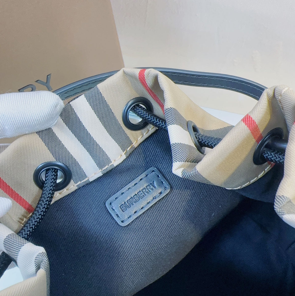 Burberry Phoebe Icon Stripe Bucket Bag 22cm Beige in Nylon