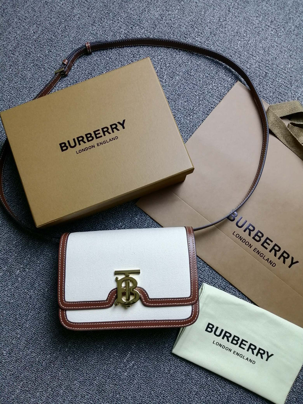Burberry TB Bag 21cm White Brown in Canvas