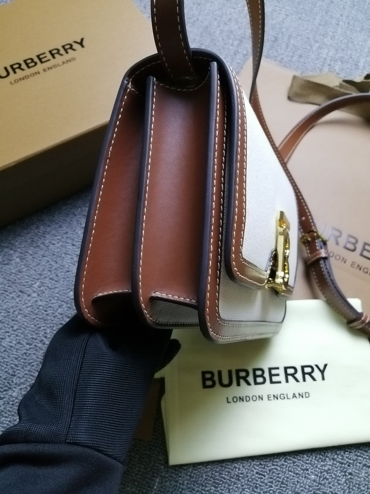 Burberry TB Bag 21cm White Brown in Canvas