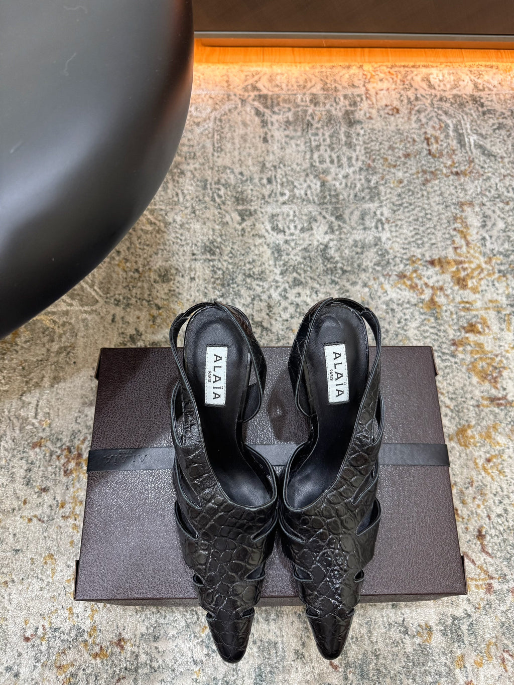 Alaia Snake Print Slingback Pumps 9.5cm Black Cowhide 881560